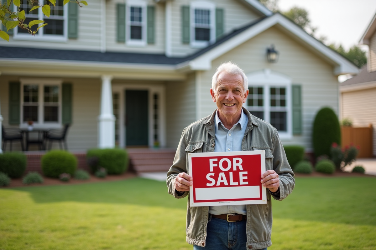 Vendeur heureux devant sa maison avec panneau vente