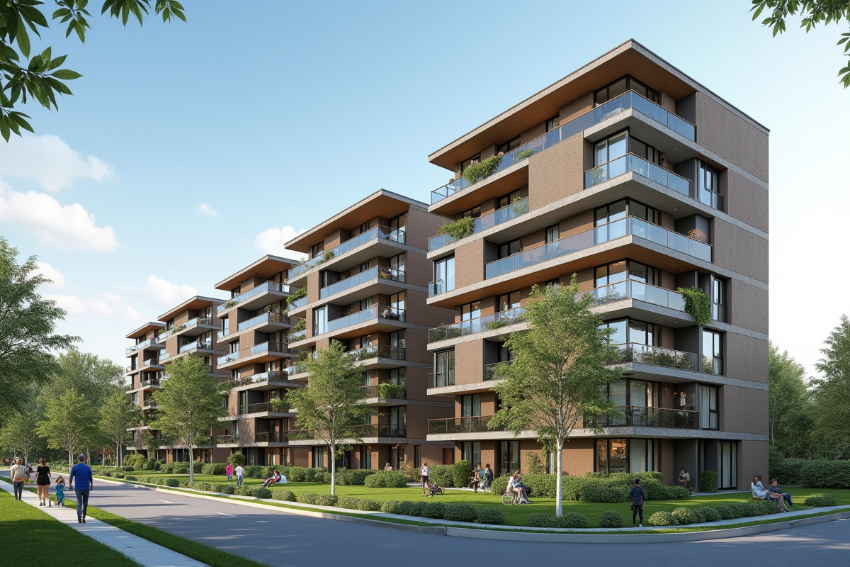 Immeuble résidentiel avec balcons et espaces verts calmes