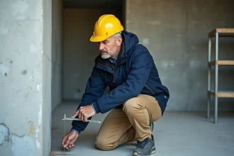 Inspecteur de construction mesurant un mur en béton