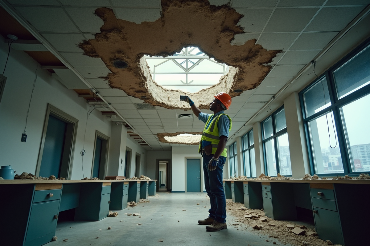 Ouvrier inspectant fissures et dommages dans plafond ancien