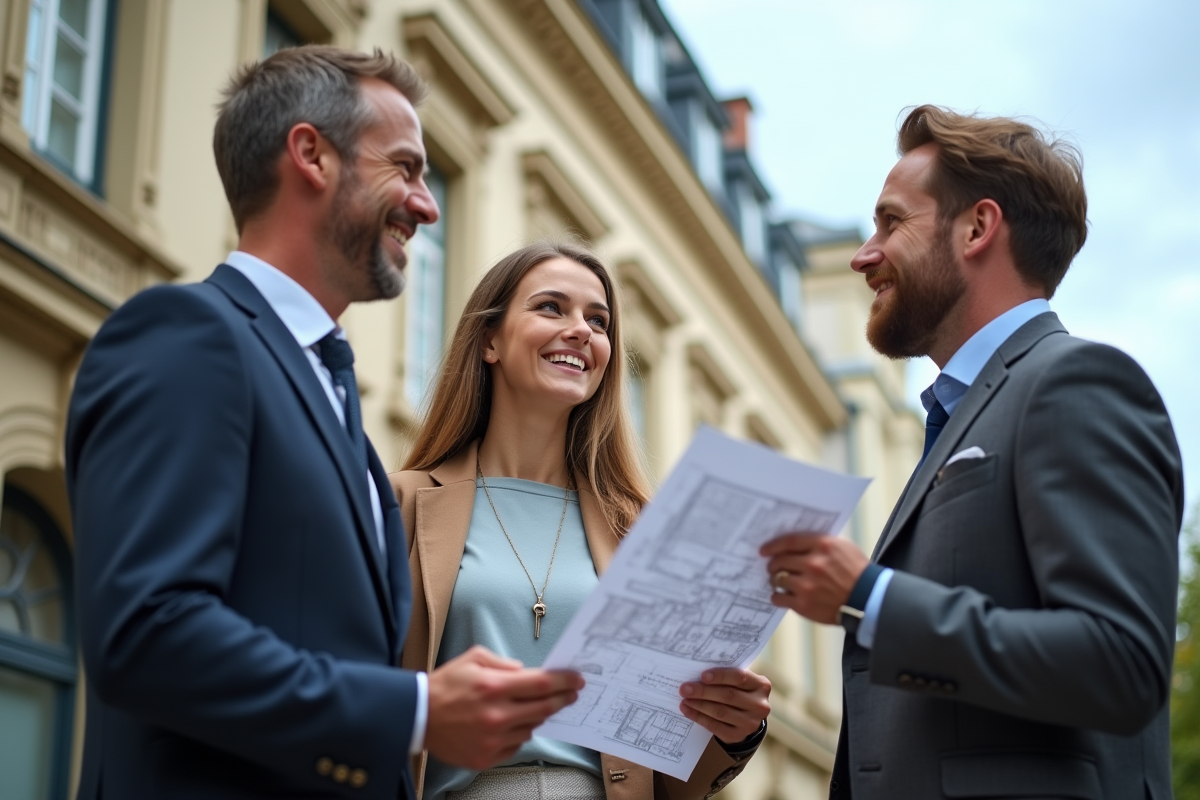 Investisseur immobilier discutant avec un couple devant un bâtiment parisien