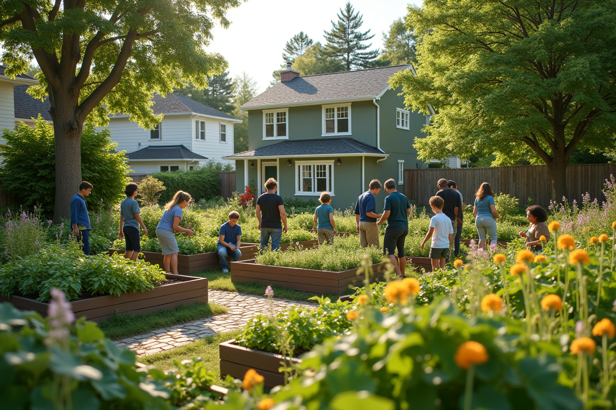 Jardin communautaire avec habitants et plantes en plein jour