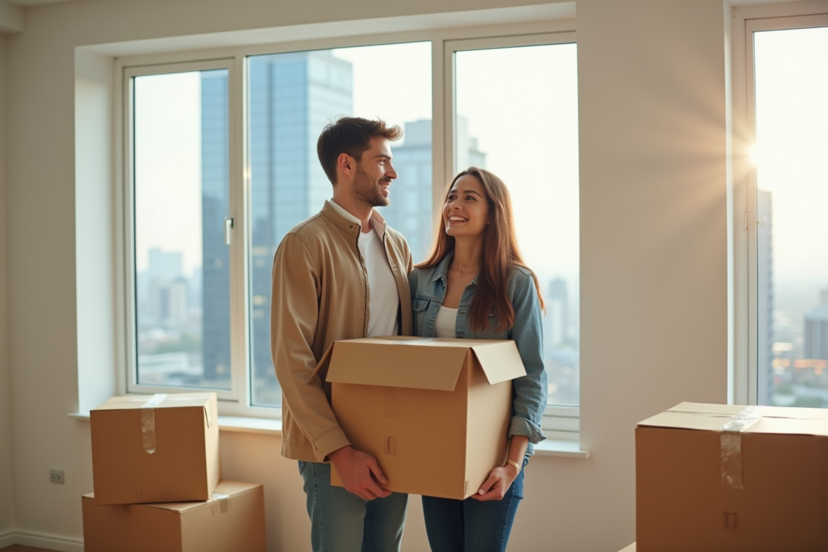 Jeune couple souriant avec cartons dans un appartement lumineux