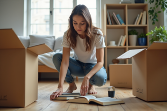 Jeune femme emballant des livres dans un appartement lumineux