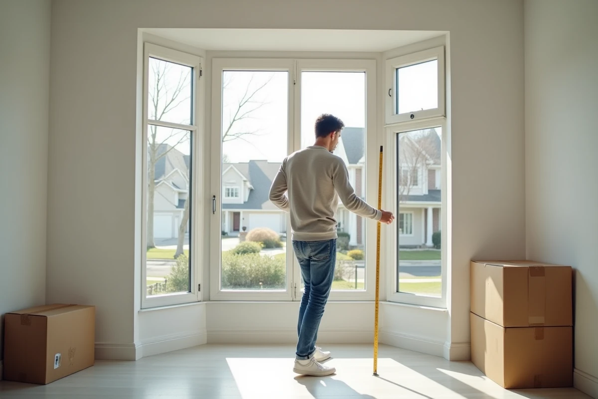 Jeune homme mesurant un salon rénové avec vue extérieure