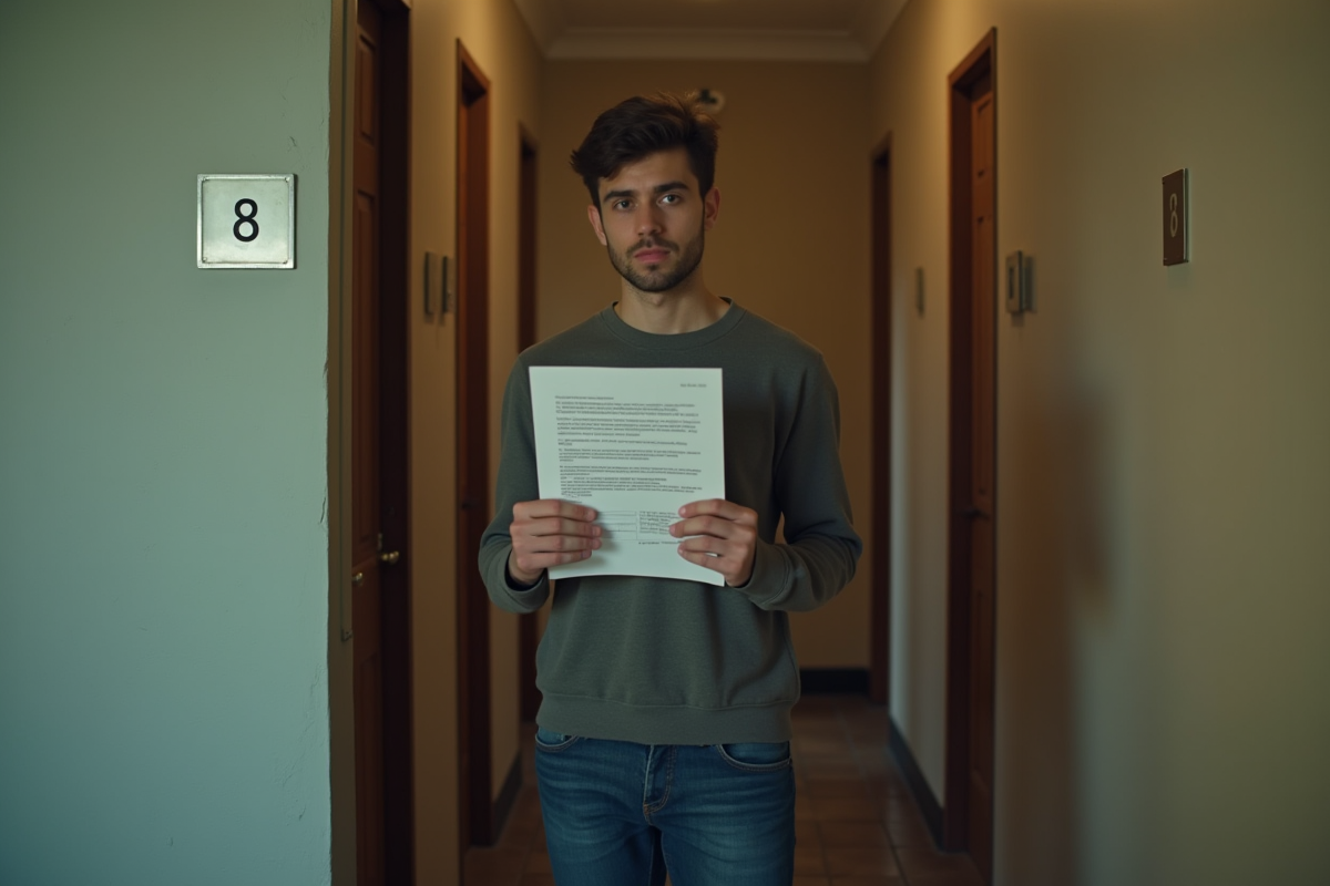 Jeune homme tenant un avis dans le couloir de l