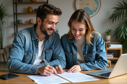Deux jeunes adultes examinent des documents ensemble