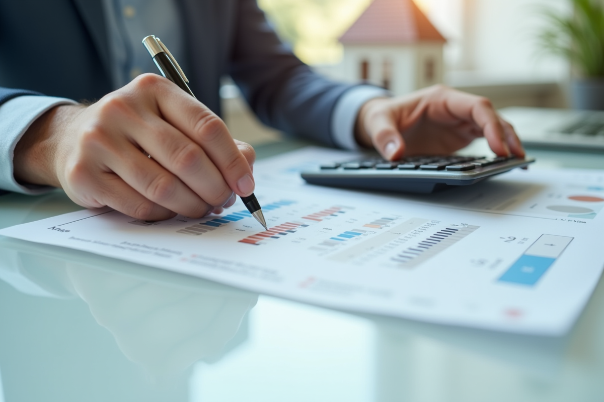 Mains utilisant calculatrice et stylo sur documents de prêt immobilier