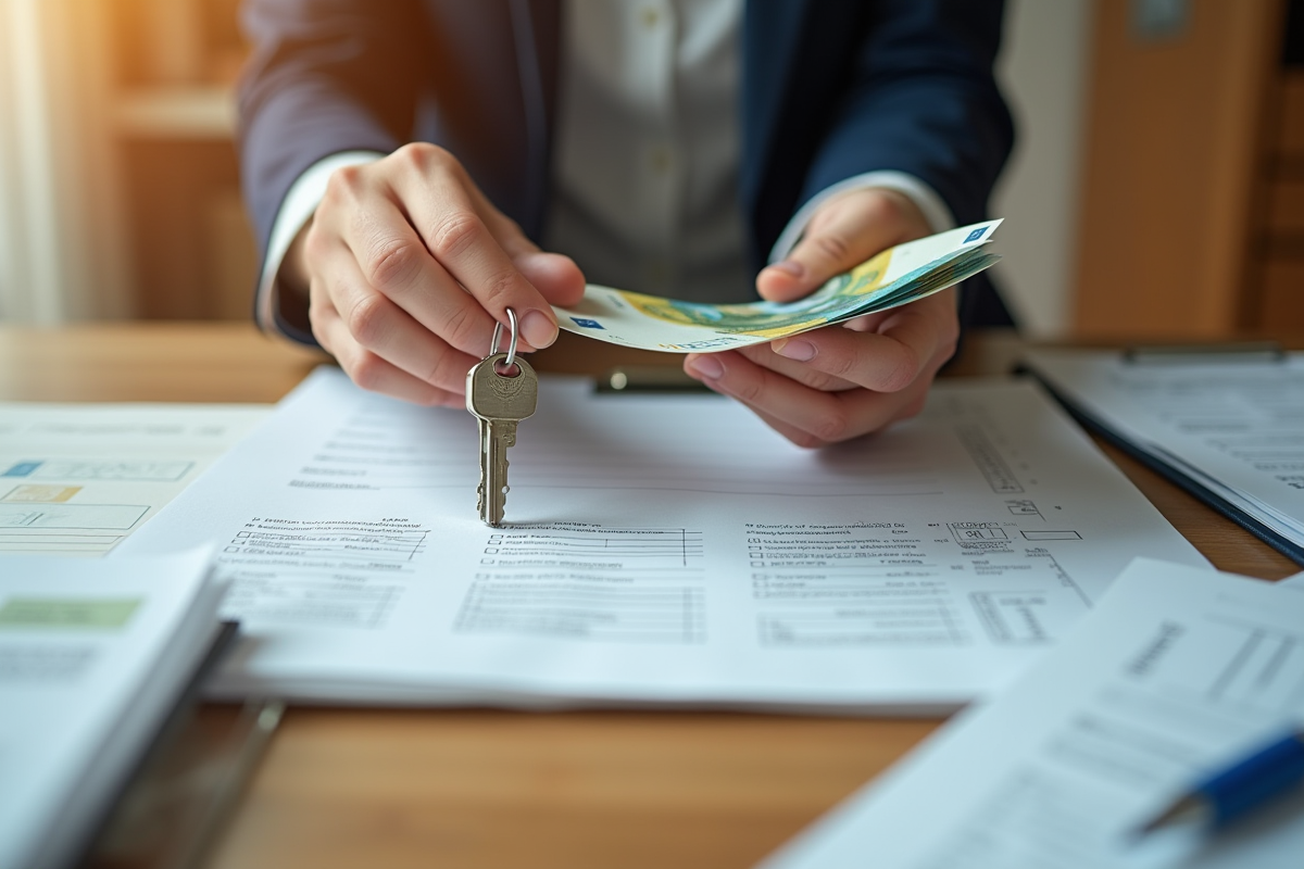 Mains tenant des billets et des clés de maison sur une table en bois