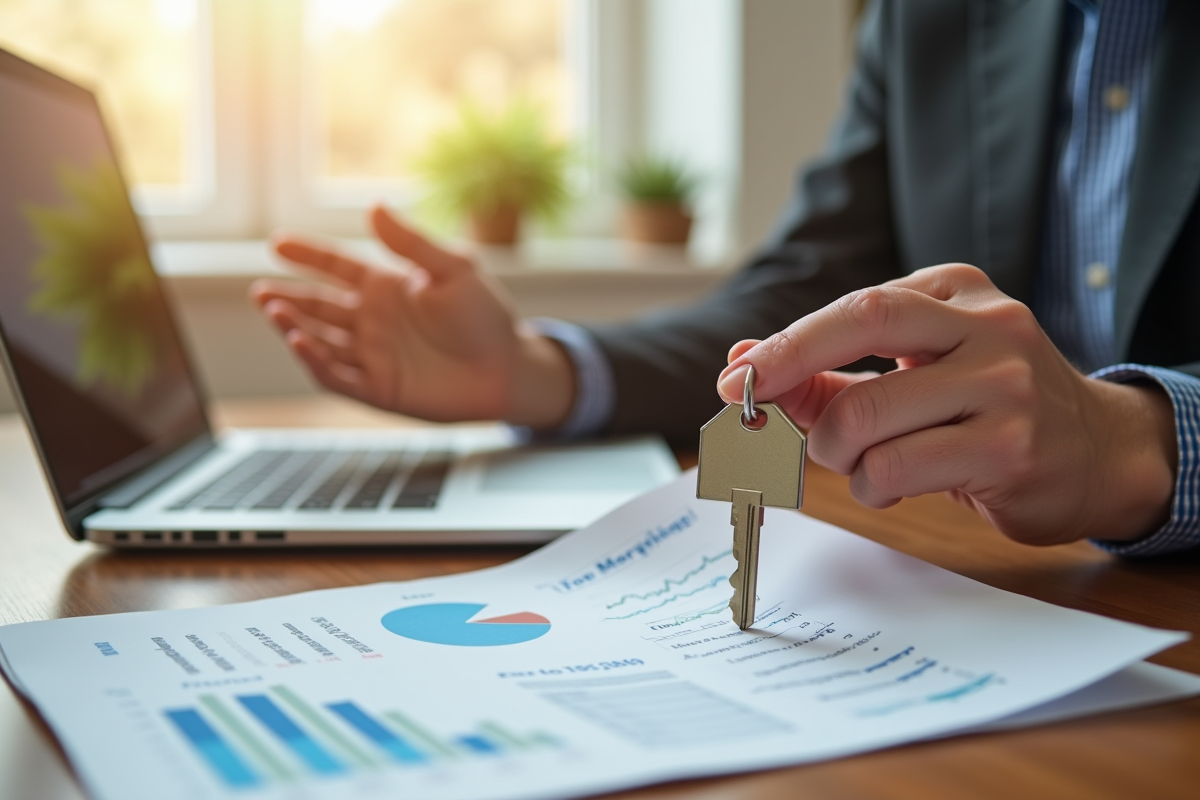 Mains tenant une clé de maison et un relevé bancaire sur un bureau en bois