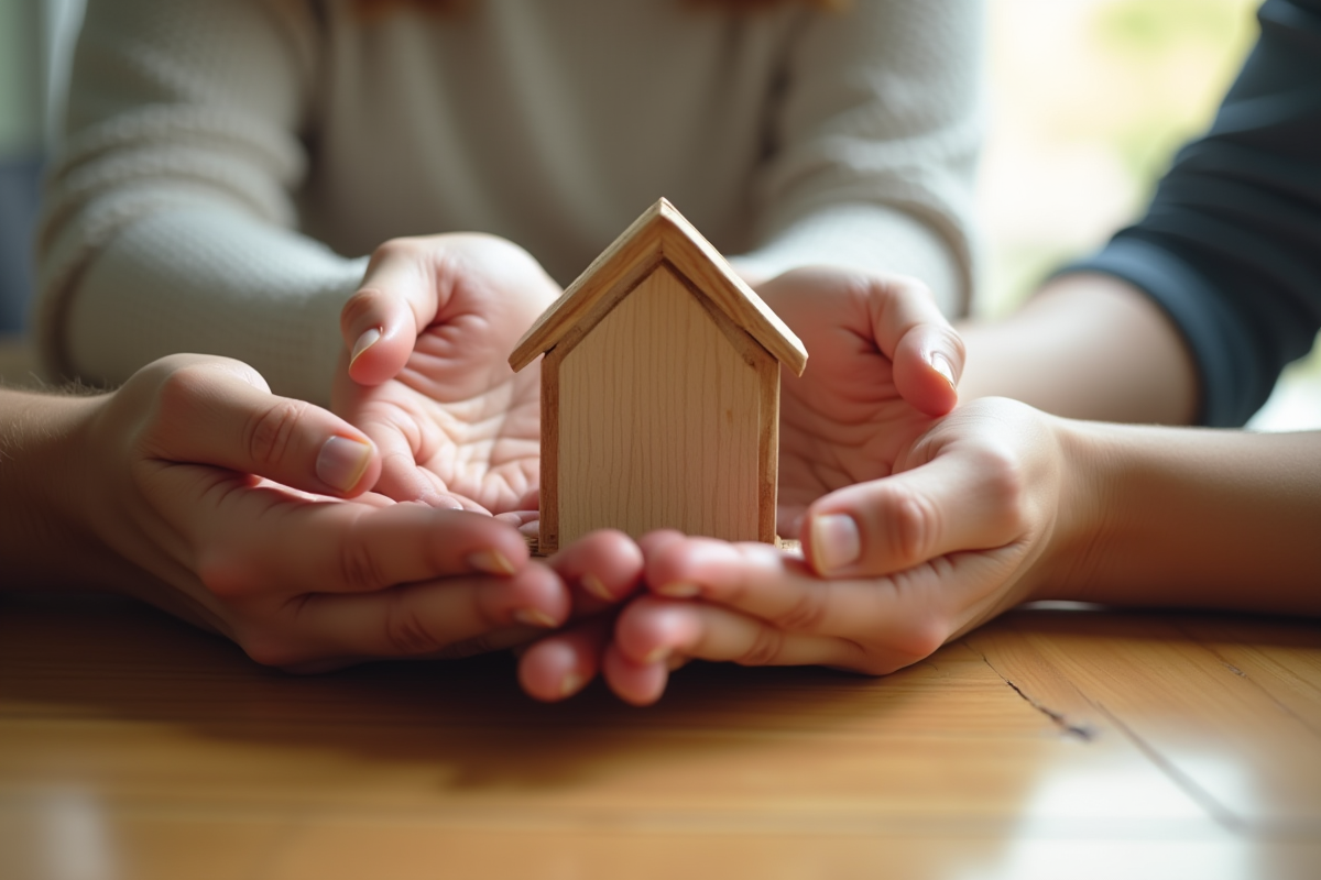 Mains diverses tenant une petite maison en bois