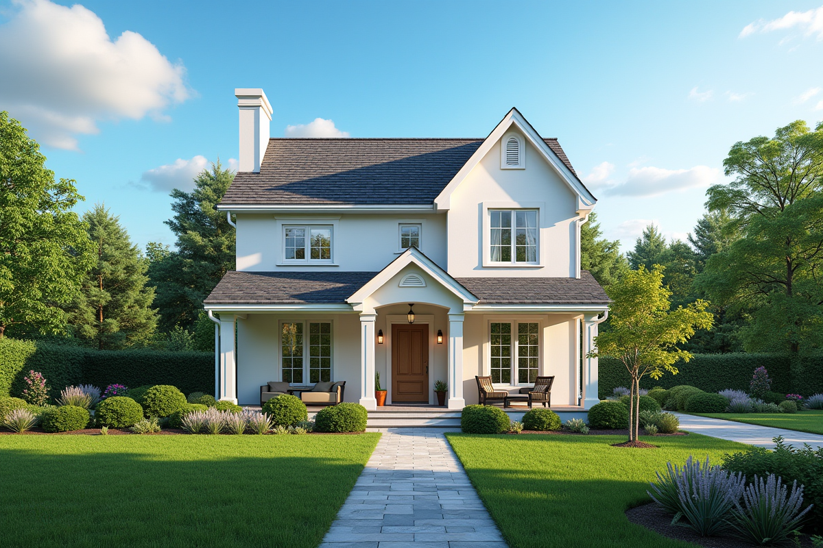 Maison résidentielle avec jardin et ciel bleu ensoleillé