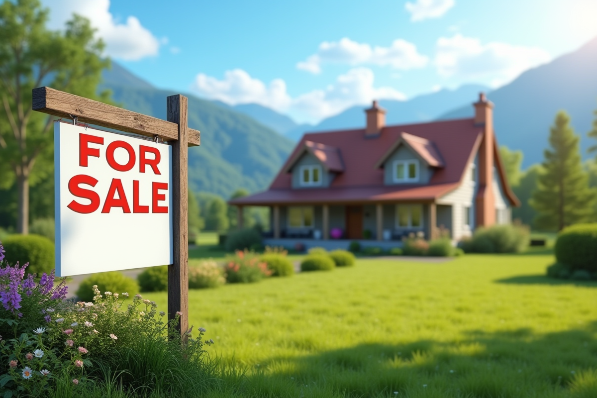 Panneau maison à vendre devant maison de campagne ensoleillée