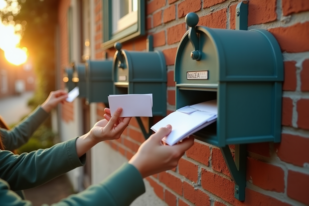 Maison européenne avec boîtes aux lettres et mains attrapant le courrier