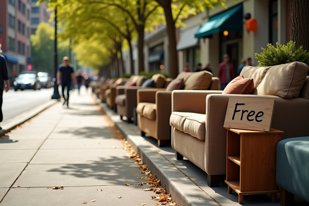 Meubles usagés avec panneau gratuit sur le trottoir en ville