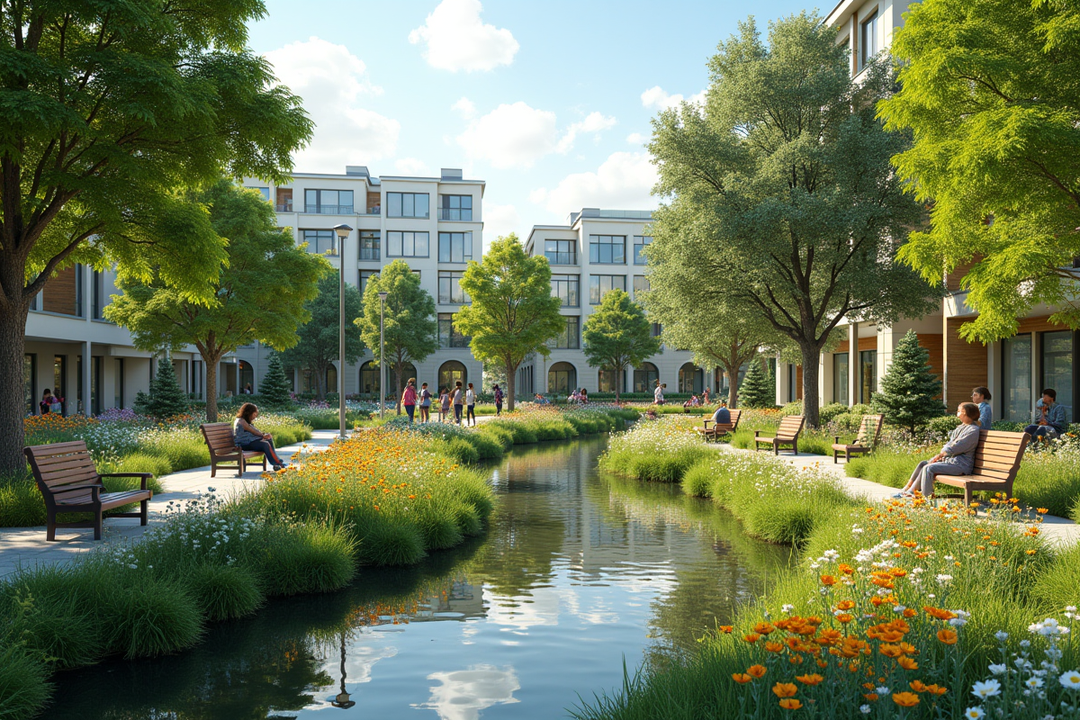 Parc urbain paisible avec étang et enfants jouant