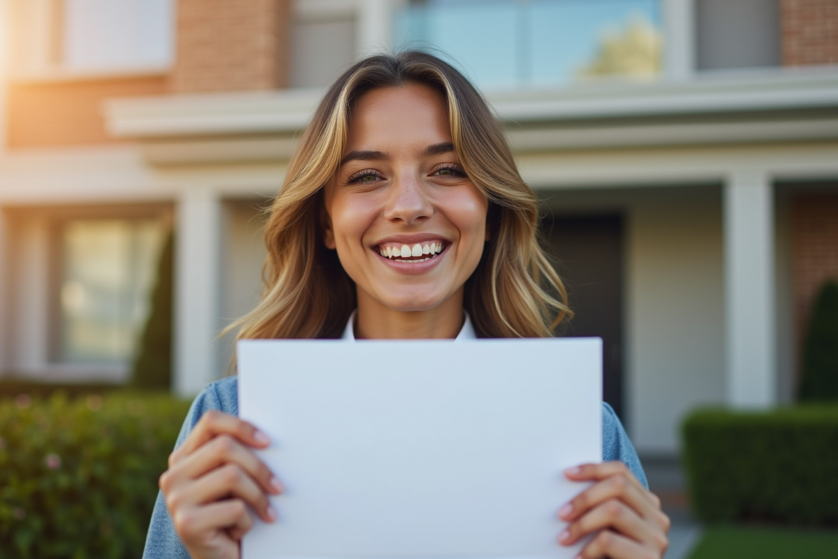 Personne souriante tenant une lettre devant un immeuble