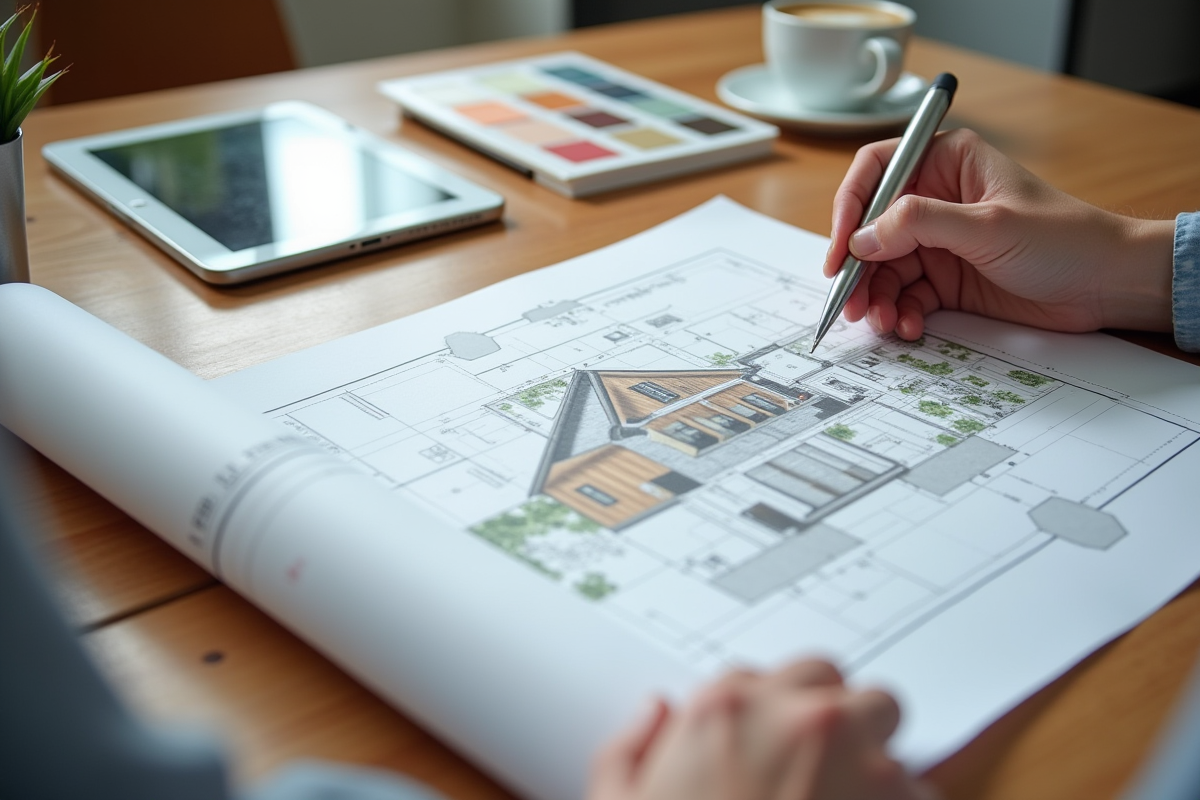 Mains tenant des plans architecturaux sur une table en lumière