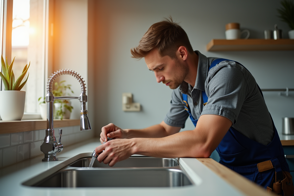 Plombier inspectant de nouveaux tuyaux dans une cuisine moderne
