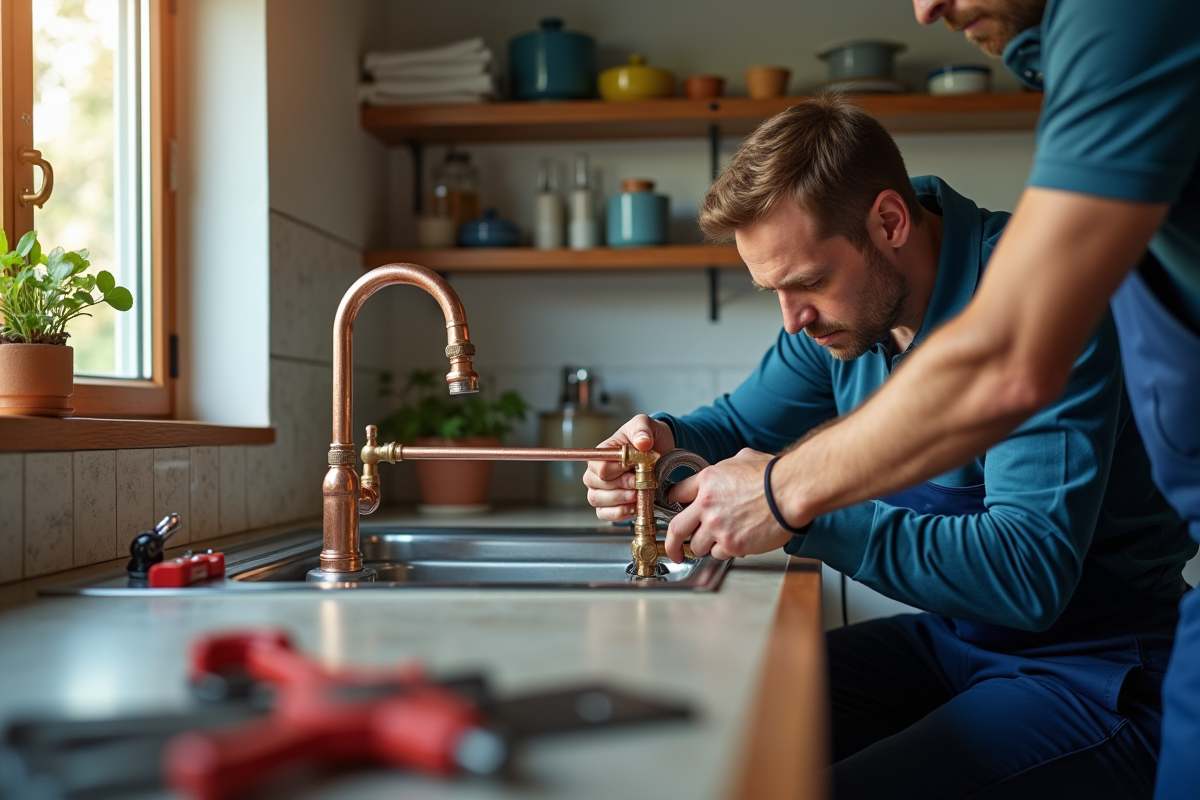 Plombier inspectant des tuyaux en cuivre sous un évier de cuisine