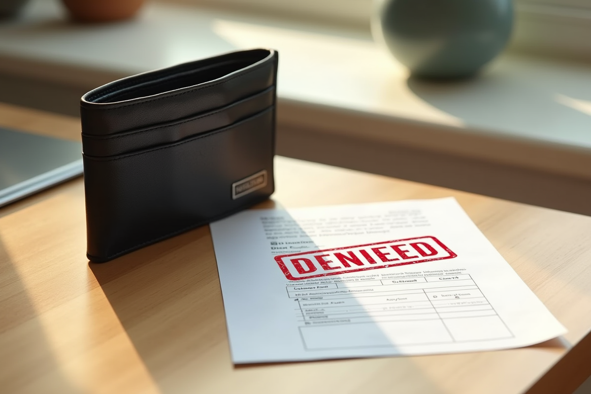 Portefeuille vide avec demande de pret refusee sur bureau clair