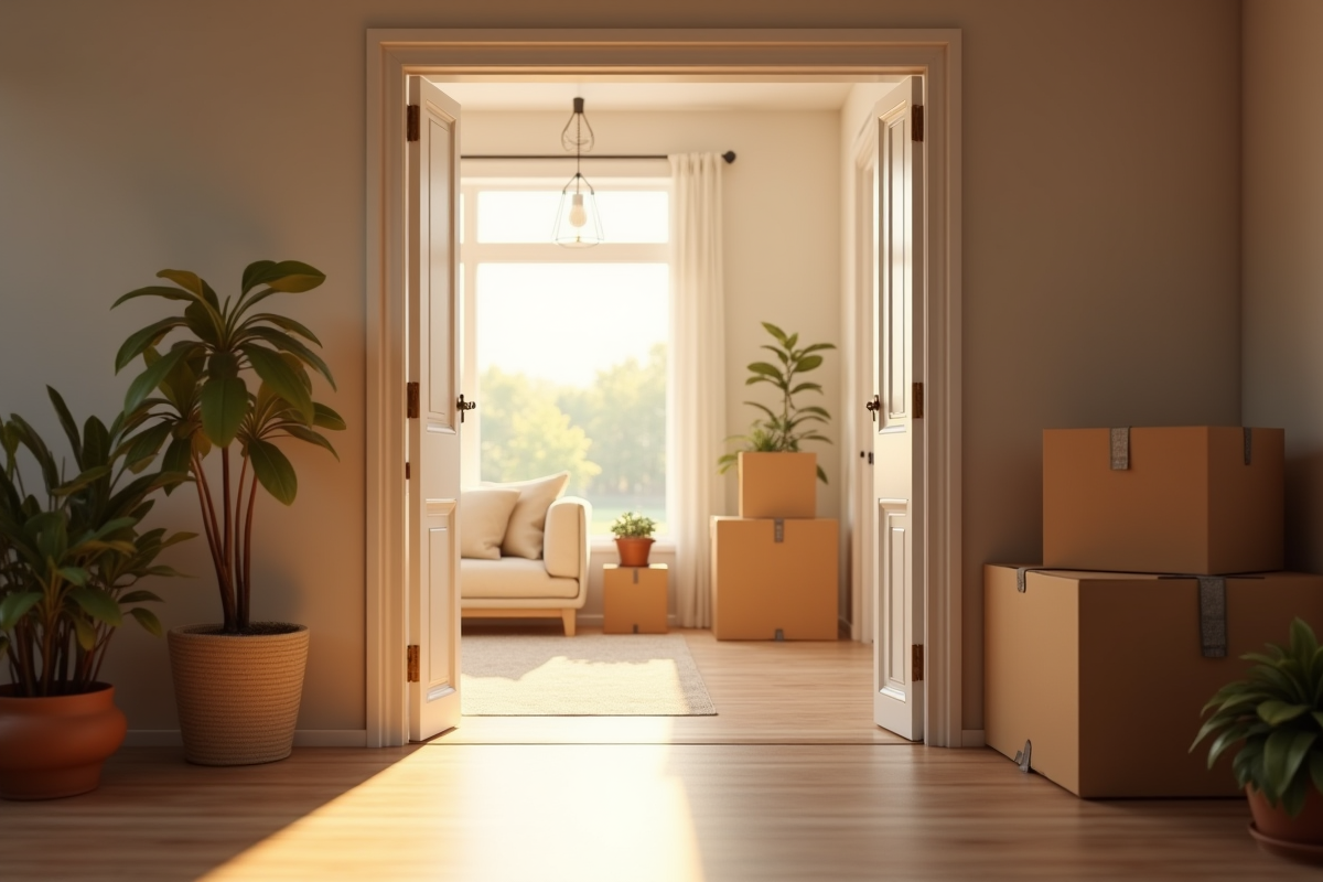 Porte ouverte sur salon lumineux avec cartons et panneau location