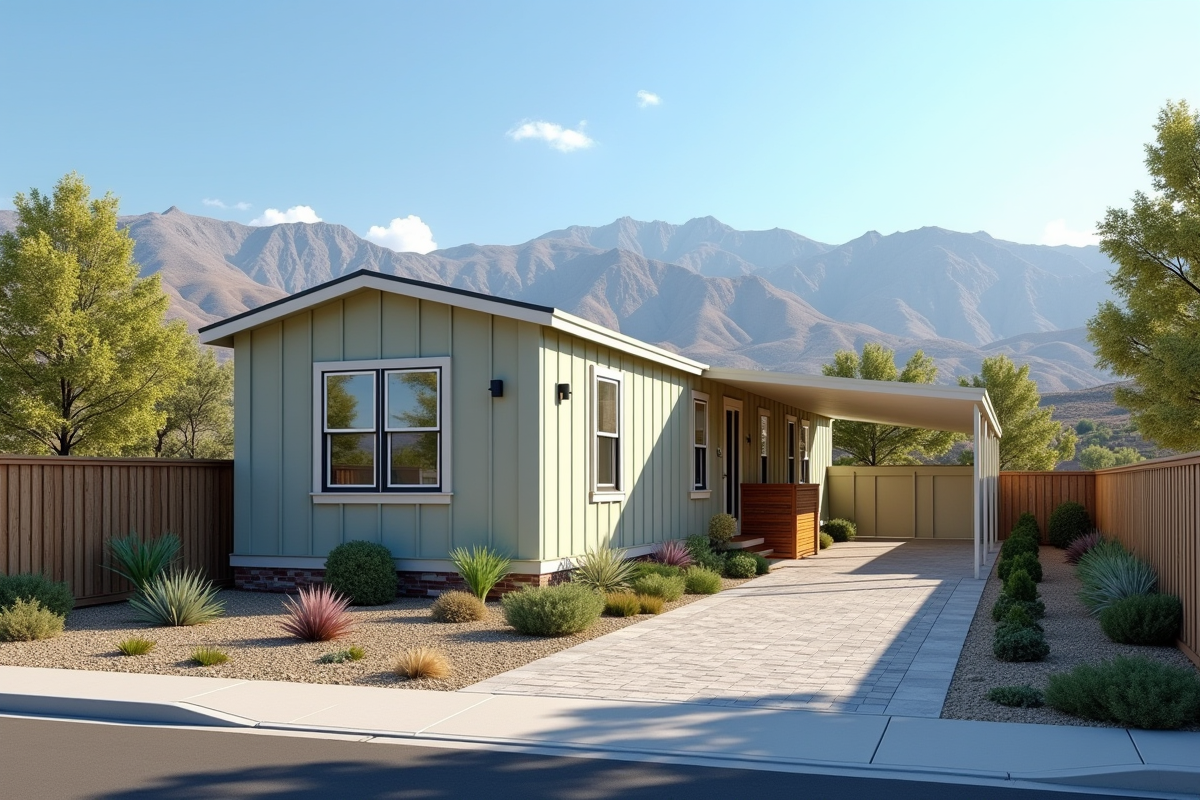 Quartier de maisons mobiles avec jardin et montagnes en arrière-plan