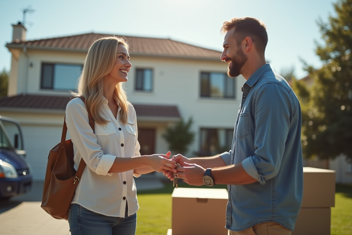 Propriétaire remettant les clés à un locataire devant une maison en banlieue