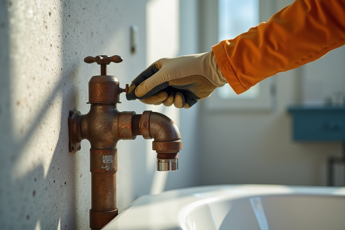 Remplacement d une vieille canalisation dans une salle de bain lumineuse