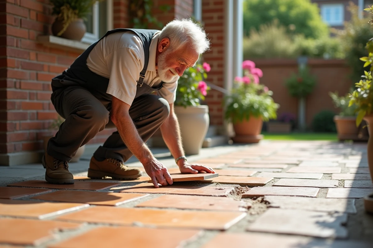 Homme réparant un carrelage cassé dans une terrasse