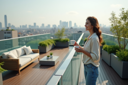 Femme souriante dans un jardin de terrasse urbaine