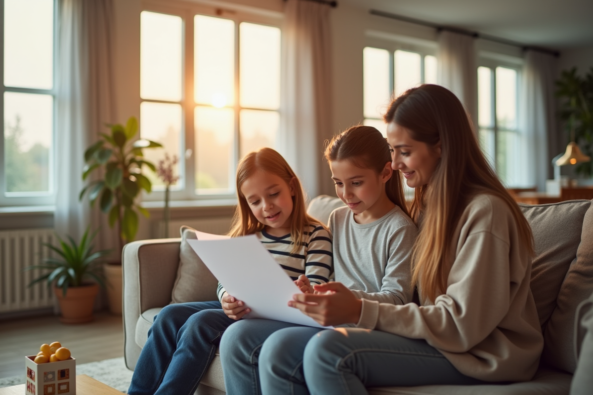 Salon lumineux avec famille vérifiant une assurance habitation