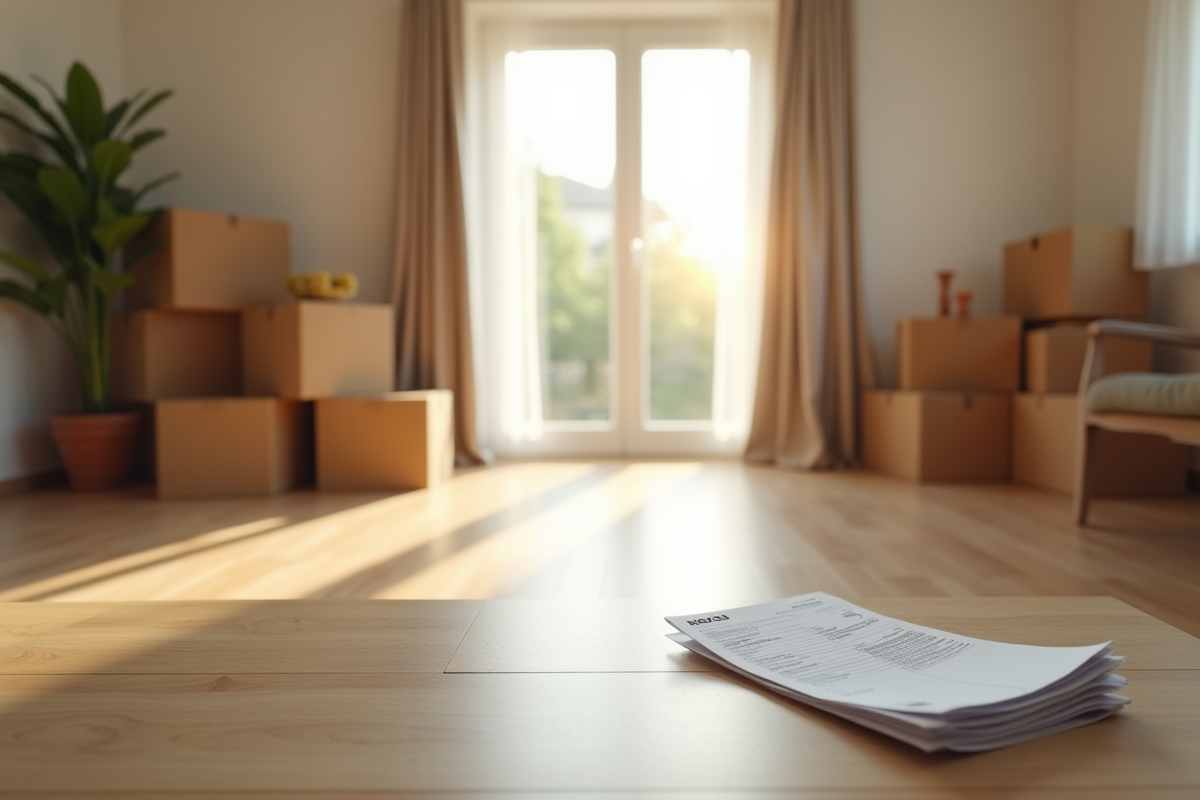 Salon vide avec cartons et facture impayée sur la table
