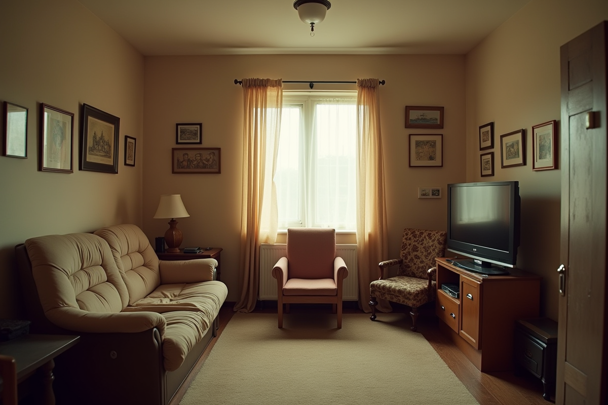 Salon intérieur modeste avec canapé usé et photos de famille