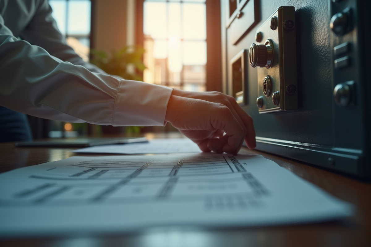 Mains verrouillant un coffre-fort avec des plans et papiers officiels