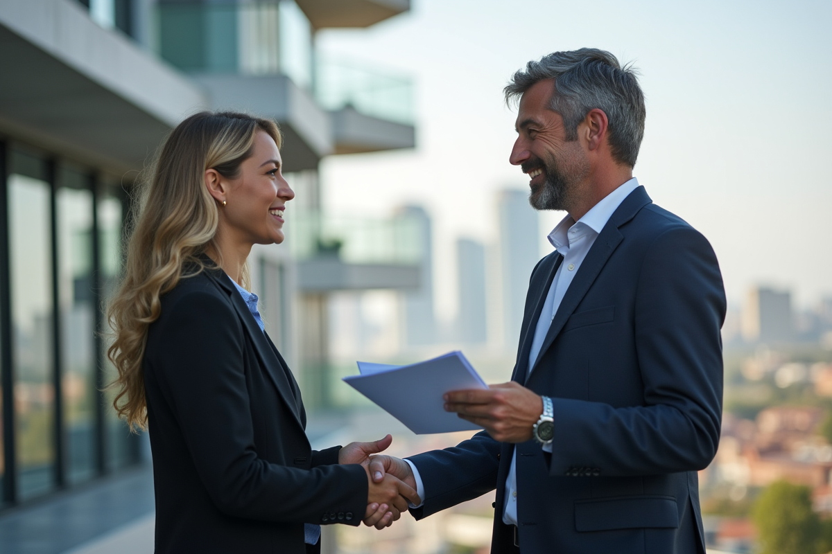 Signature entre bailleur et locataire devant immeuble moderne