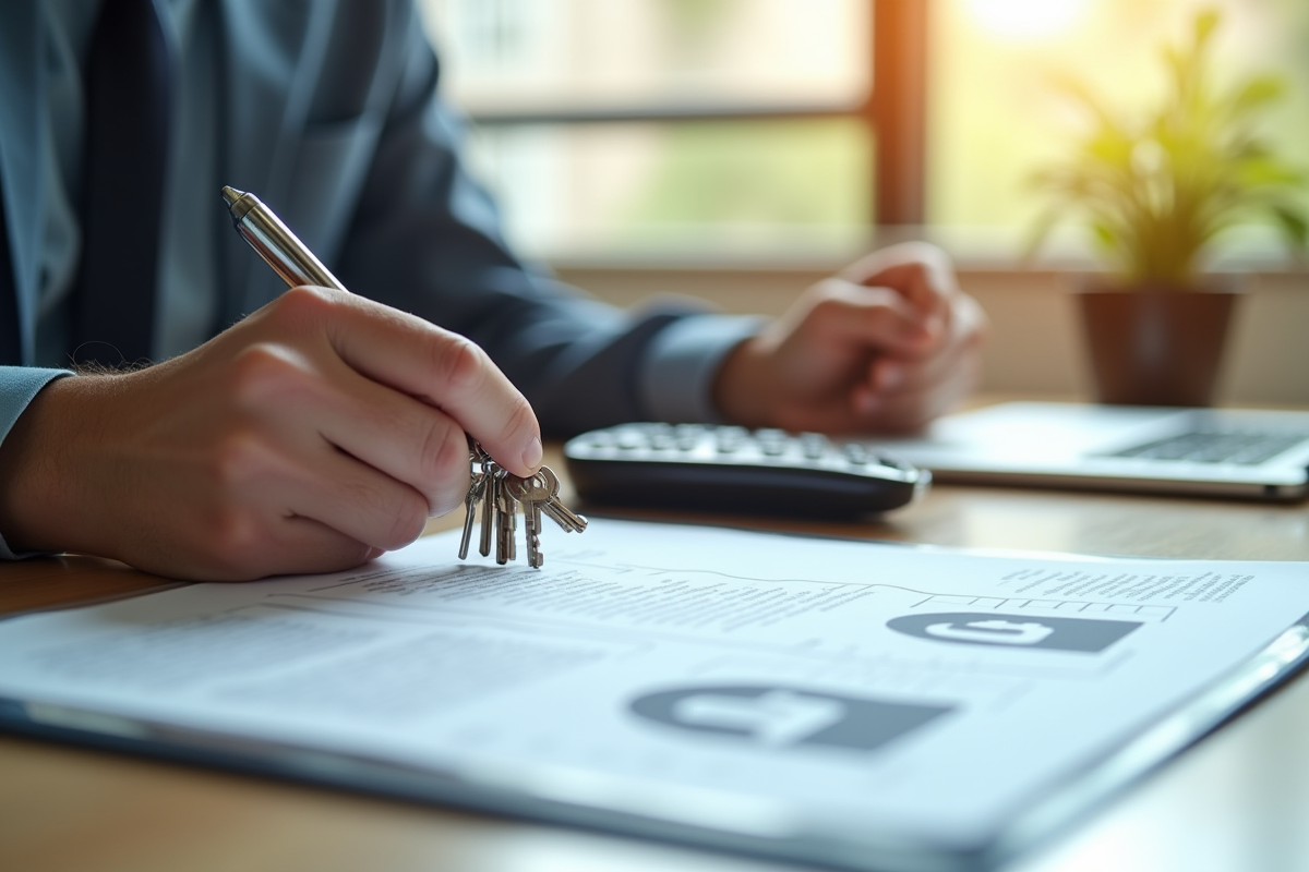 Personne signant un contrat avec des clés et une maquette de parking