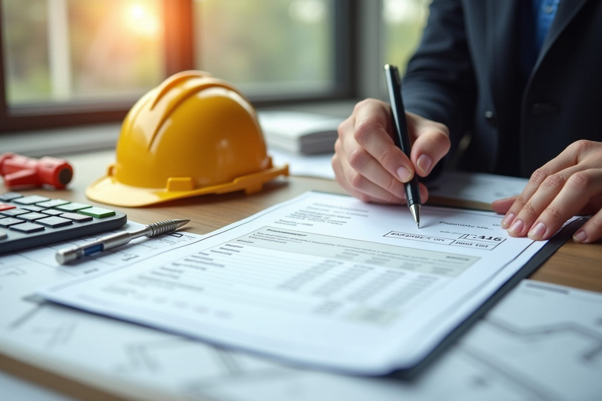 Main signant une garantie avec plans et outils de construction à côté